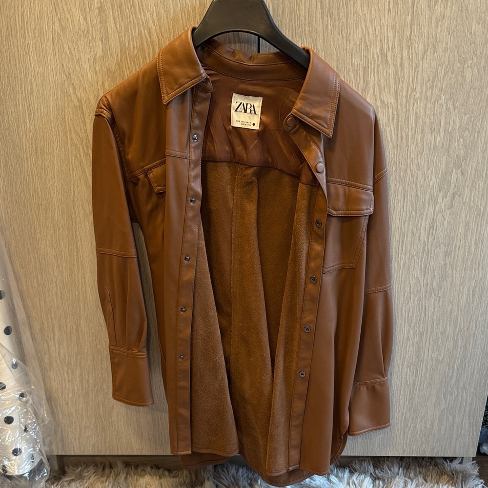 Zara Tan Faux Leather Button-Up Shirt